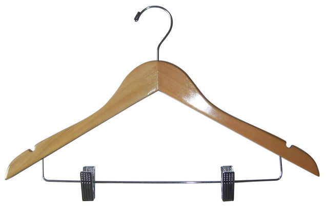 17" Flat Wooden Suit Hanger with Clips or Bar