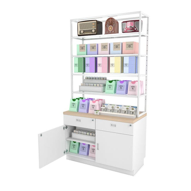 Deluxe Cash Wrap Retail Counter Storage Unit With Glass Shelving Kit