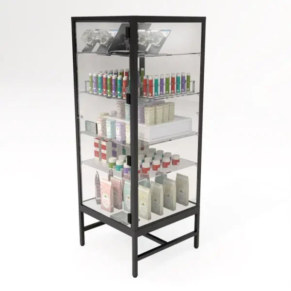 Glass Showcase Tower w/4 Adjustable Glass Shelves
