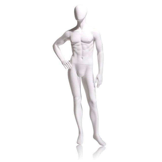 Male Mannequin - Oval HEAD, Right Hand on HIP, Left Leg Slightly Forward