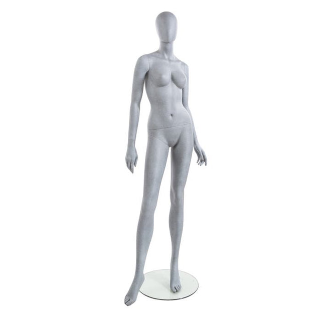 Female Mannequin - Oval HEAD, Arms by SIDE, Turned at WAIST, Right Leg Forward