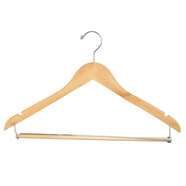 17" Wishbone Suit Hanger With Chrome Hook and Wooden Lock Bar on Spring
