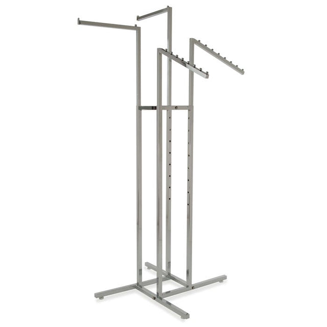 4-Way Garment Rack With 2 Straight and 2 Slant Square Tubing Arms - Chrome Finish