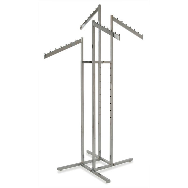 4-Way Garment Rack With Rectangular Tubing Slant Arms - Square Tubing Uprights - Chrome Finish