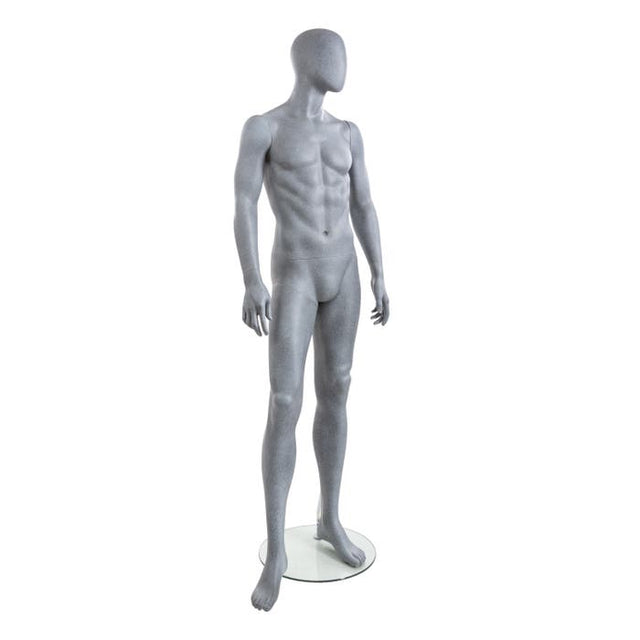 Male Mannequin - Oval HEAD, Arms at SIDE, Right Leg Slightly Bent - Slate Grey