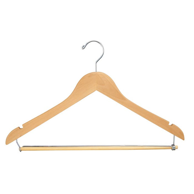 17" Flat Suit Hanger W/ Chrome Hook and Wooden Lock Bar on Spring